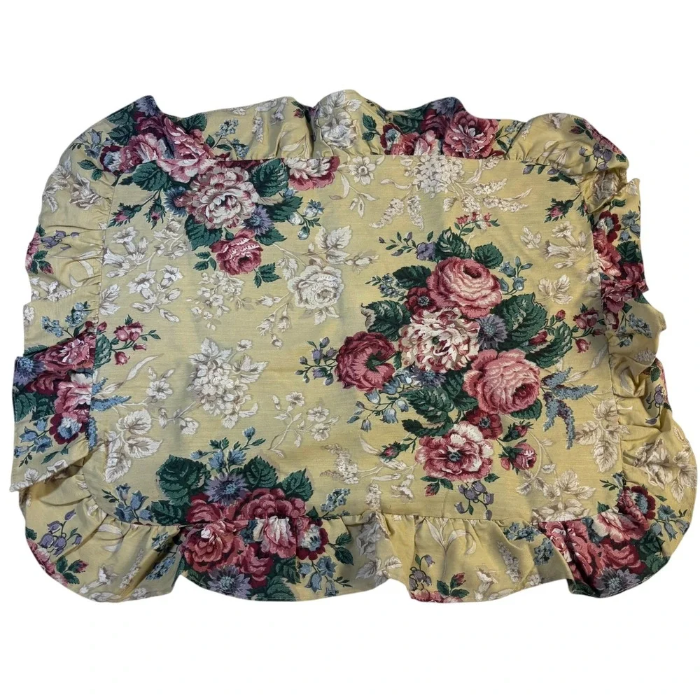 Yellow Floral Ruffled Pillow Shams Set of 2 Cottagecore Rose Print VTG
